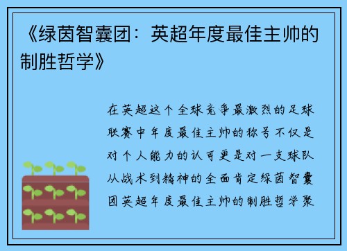 《绿茵智囊团：英超年度最佳主帅的制胜哲学》